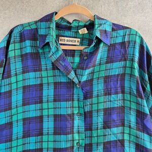 Red Rover Silk Button Down Shirt Womens Large Teal Blue Plaid Vintage Oversized